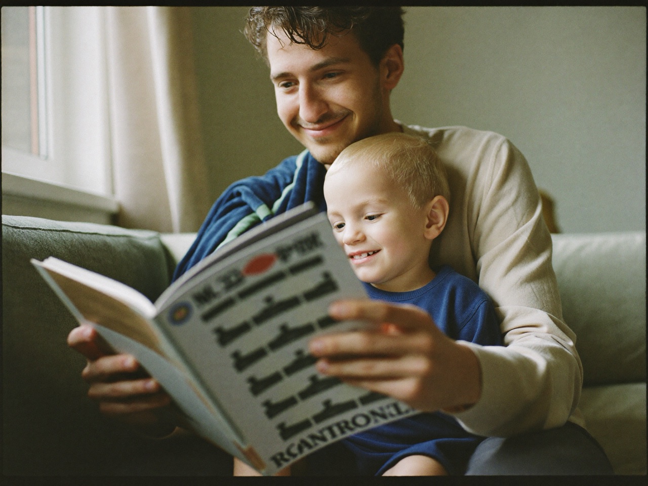 A father and his young child reading a picture book together on the couch at home