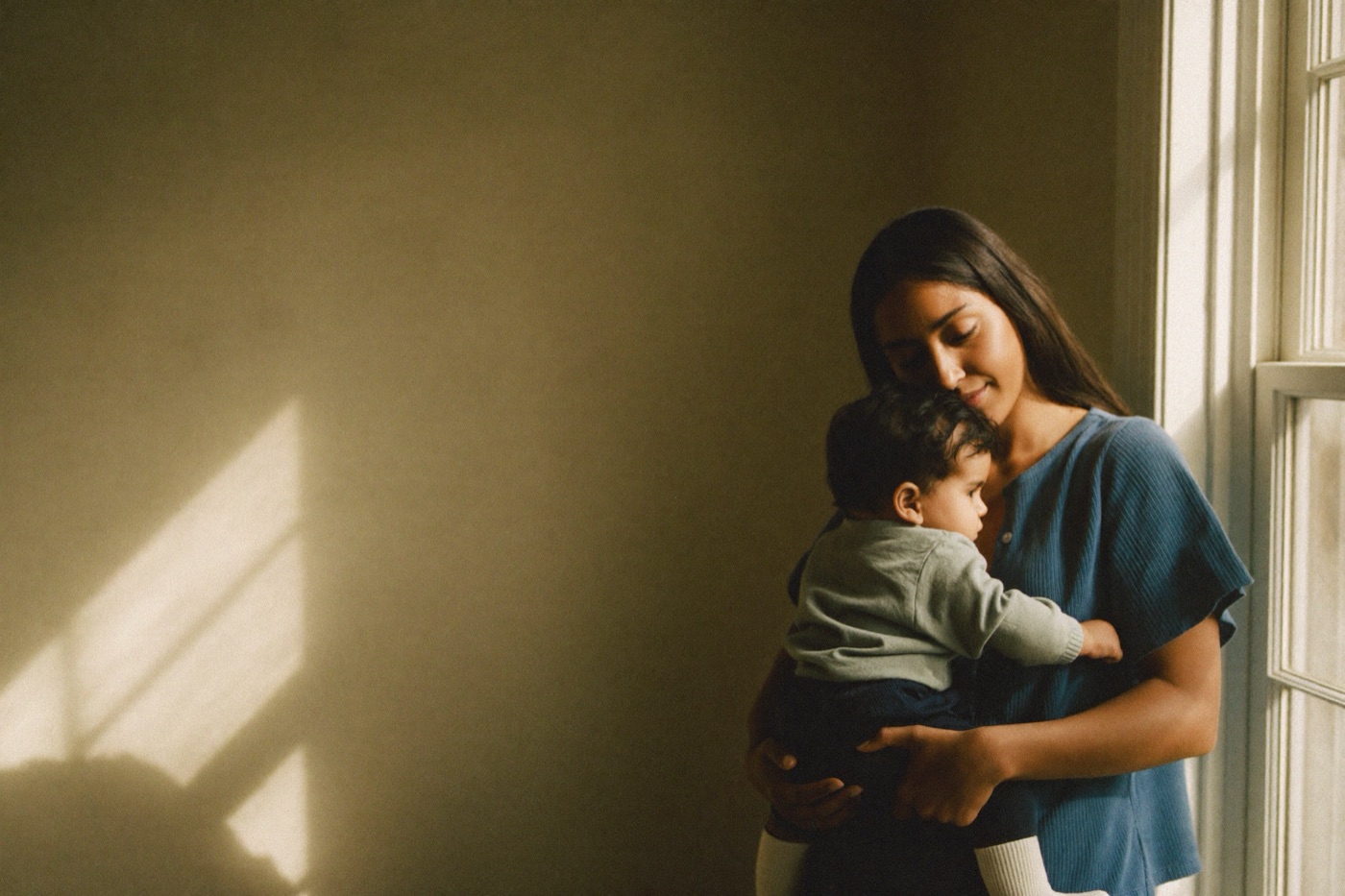 A mother holding her young child close in soft, warm window light